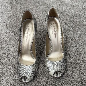 Jessica Simpson Snakeskin Peep Toe Heels - Black and Cream